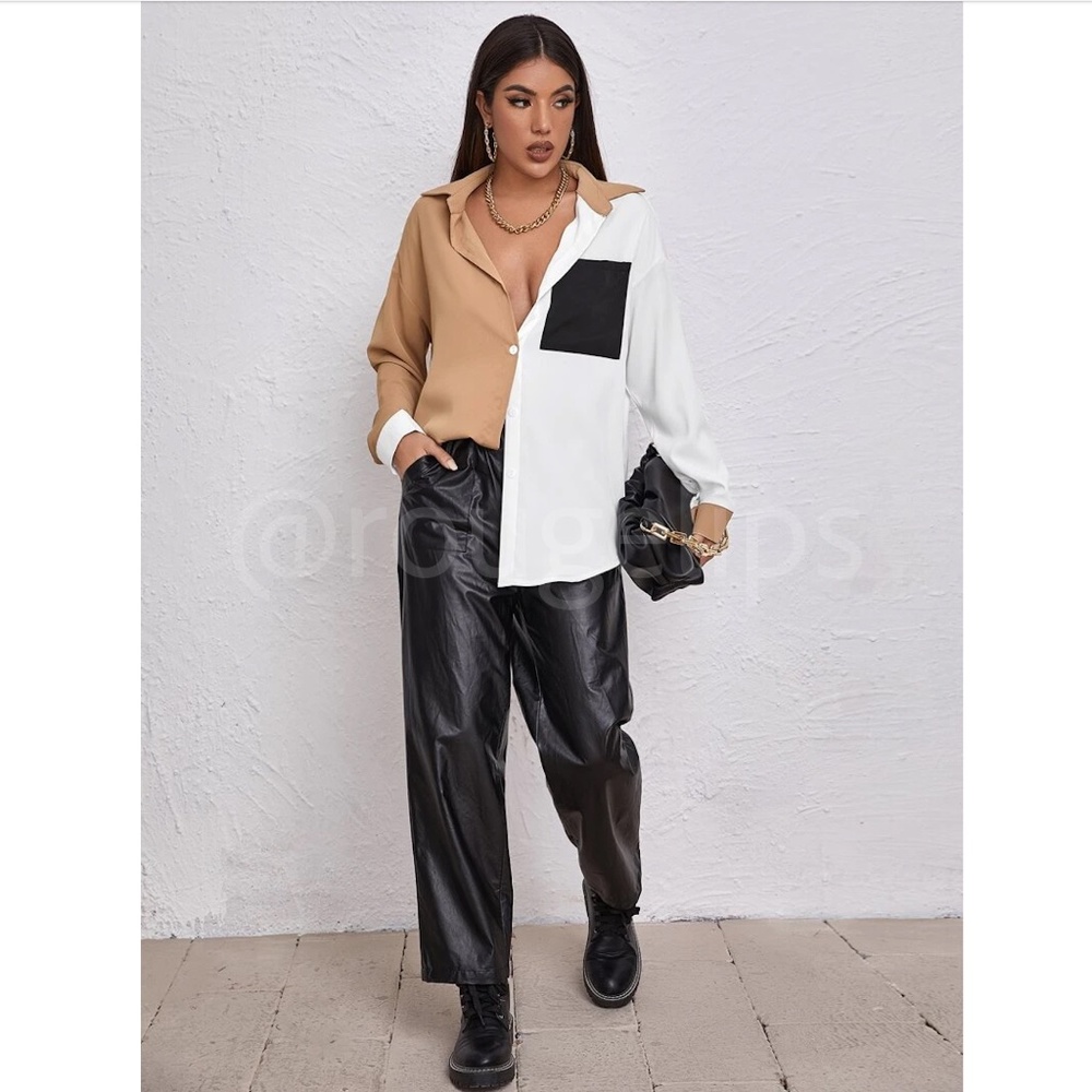 Drop Shoulder Oversized Colorblock Button Down Shirt White Tan Black - Picture 2 of 9